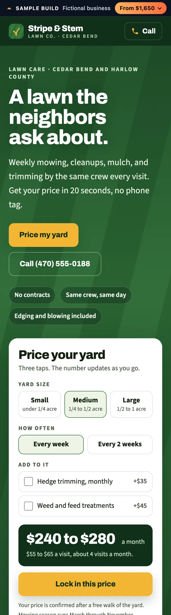 Stripe and Stem Lawn Co. sample page on a phone: A lawn the neighbors ask about.